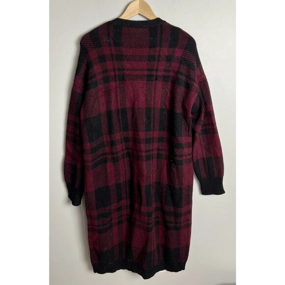 Magaschoni Plaid Open Front Cardigan Sweater Black Burgundy Size Medium Women’s - Picture 2 of 4